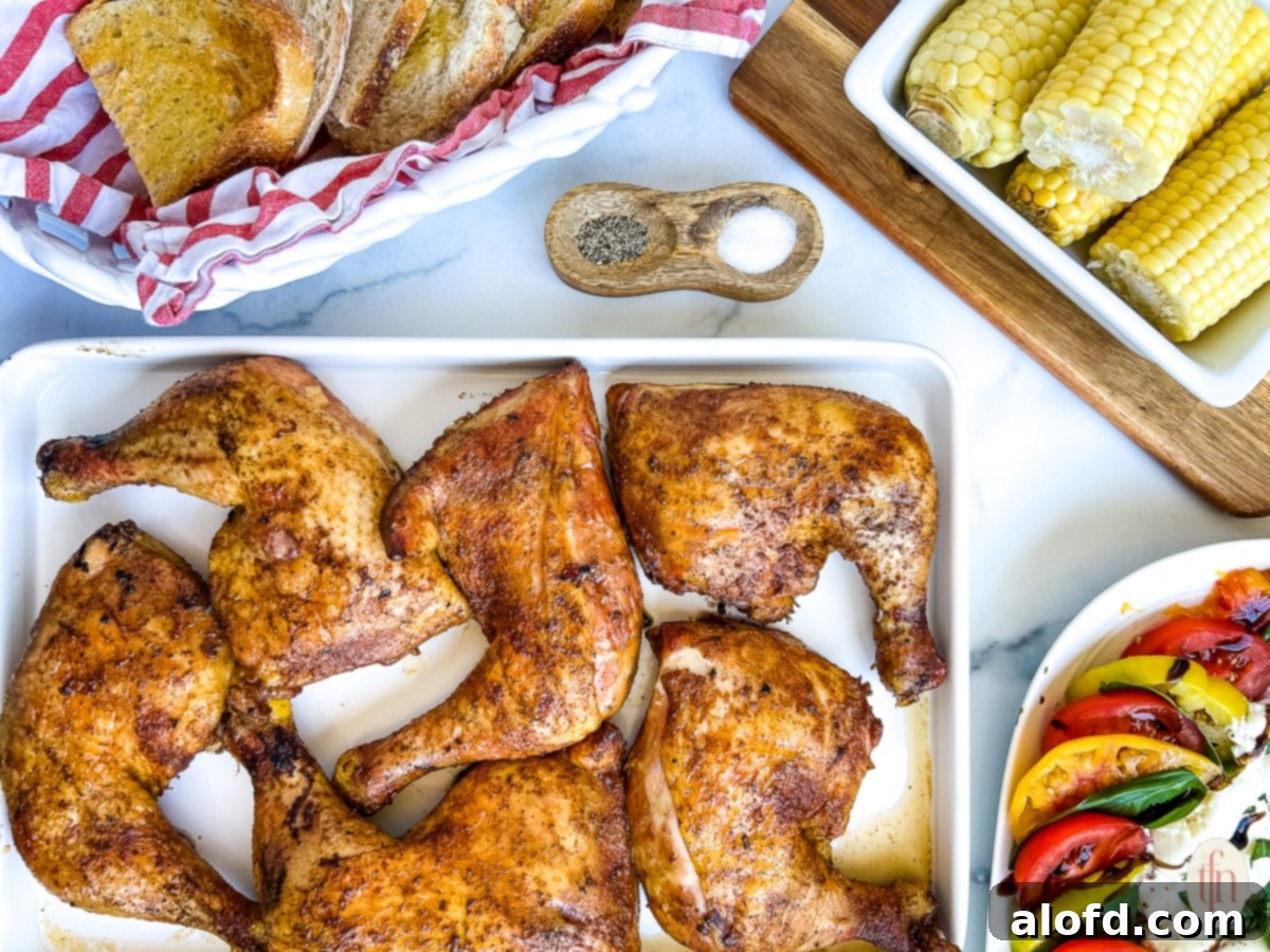 Juicy Smoked Chicken Drumsticks 3 A vibrant horizontal image showcasing smoked chicken quarters on a white platter, surrounded by fresh corn on the cob, bread, and tomatoes.