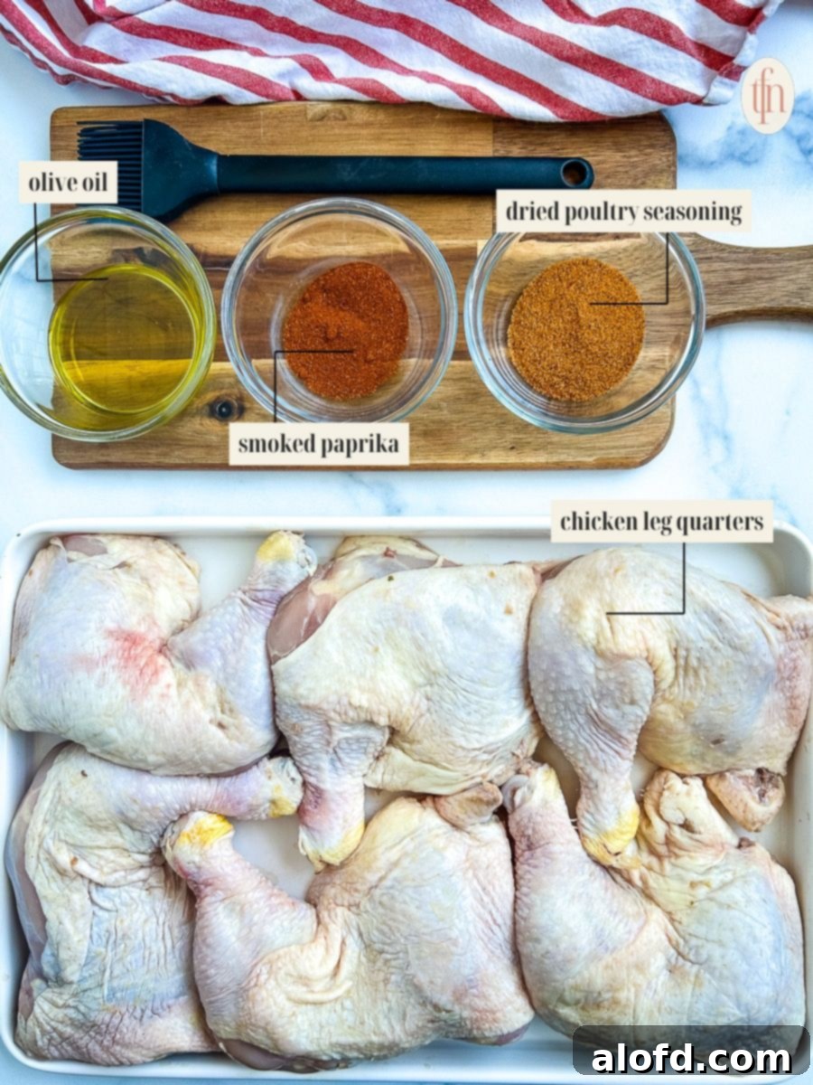 Juicy Smoked Chicken Drumsticks 4 Image showing labeled ingredients for smoked chicken leg quarter recipe on a counter.