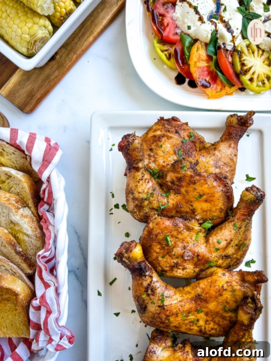 Juicy Smoked Chicken Drumsticks 9 A grand platter of beautifully cooked smoked chicken quarters on a white plate, garnished with fresh parsley flakes, ready to be served.