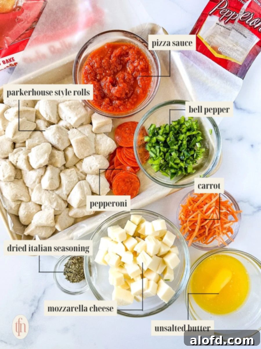 Shortcut Monkey Bread with Frozen Dough 4 Labeled ingredient image for a pizza monkey bread recipe, showcasing the key components.