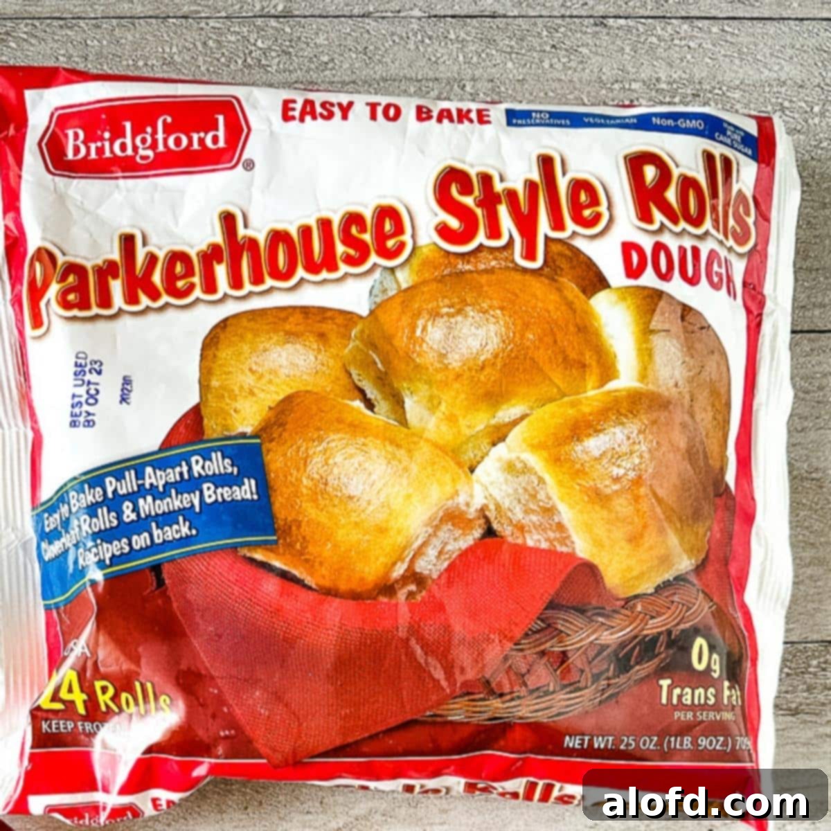 Shortcut Monkey Bread with Frozen Dough 5 Package of frozen dough for Bridgford Parkerhouse style rolls, ready for baking.