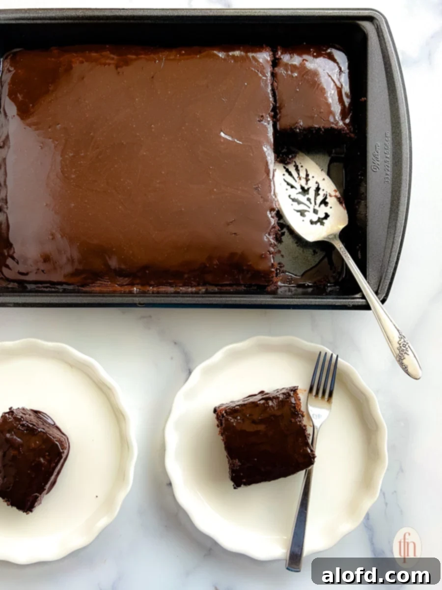A beautifully frosted Dr. Pepper chocolate cake resting in a dark baking pan, with two slices neatly arranged on white plates beside it. A silver serving spoon is positioned in the pan, suggesting a recent serving.