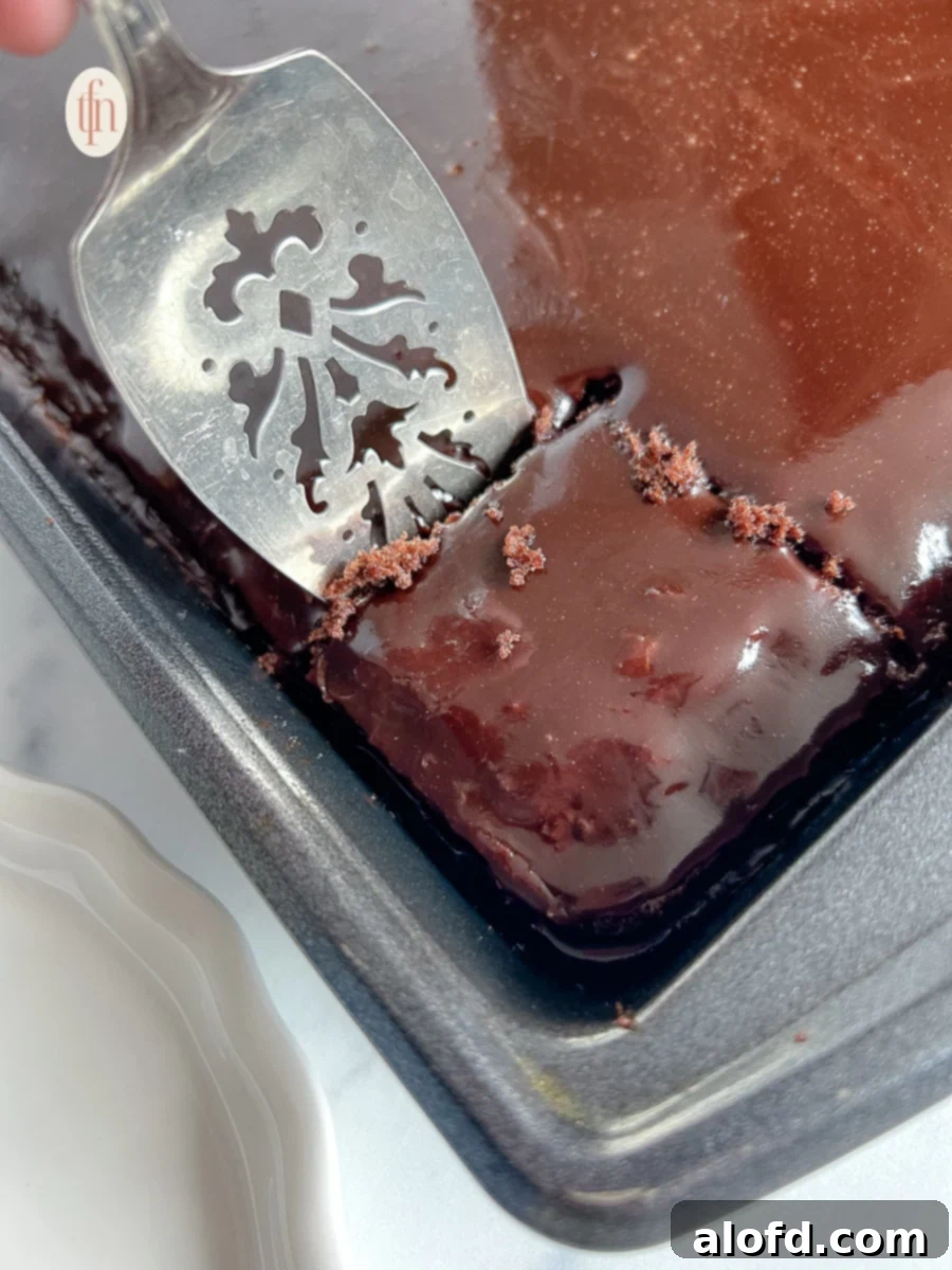 A silver serving spoon delicately lifts a perfectly cut slice of Dr. Pepper chocolate cake from the pan, showcasing its moist texture and rich frosting.