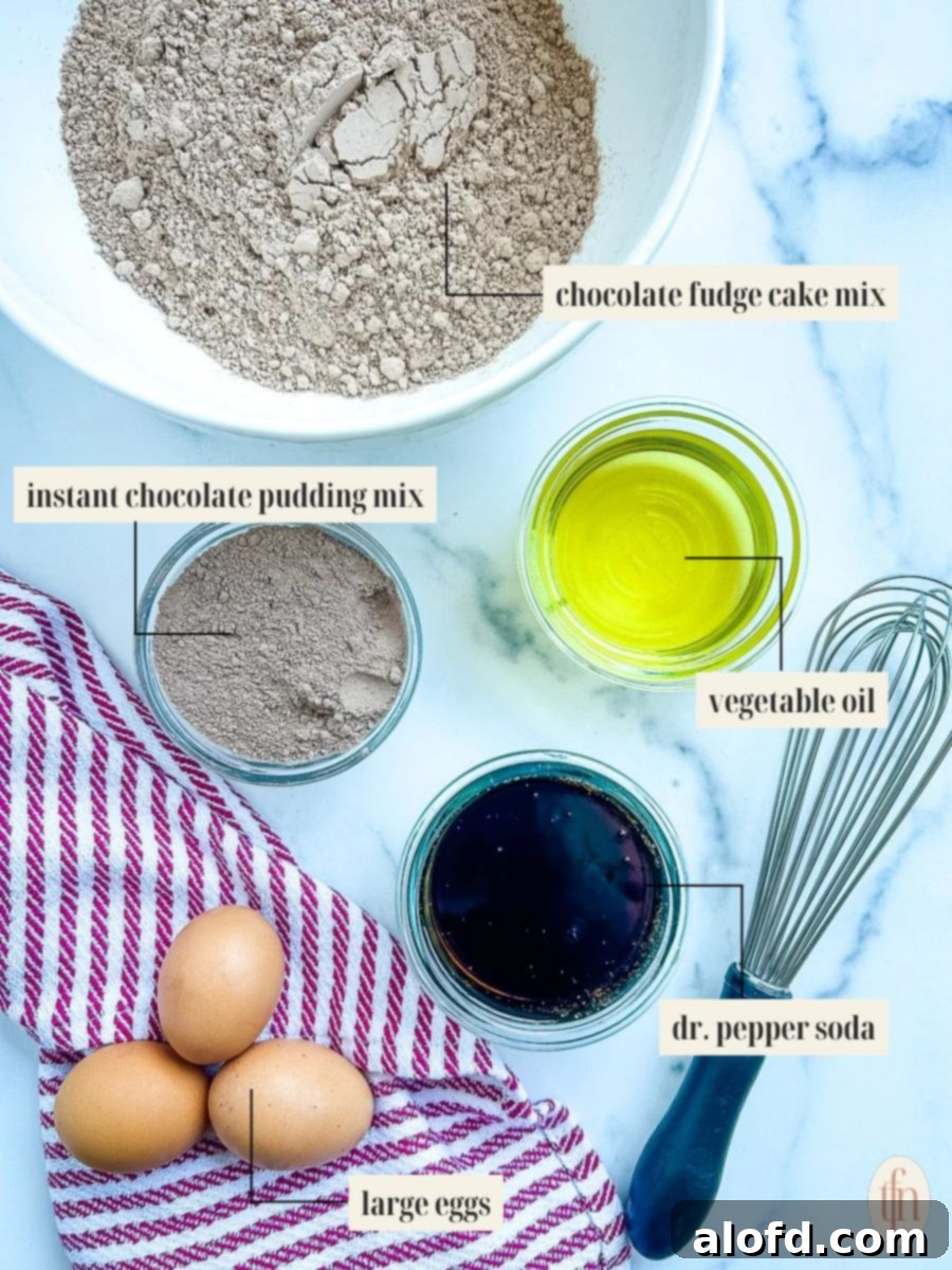 A well-organized display of all ingredients required for the Dr. Pepper chocolate cake recipe, clearly labeled for easy identification.