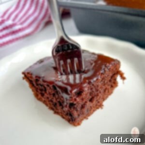 A fork inserted into a perfectly frosted slice of chocolate Dr. Pepper cake, highlighting its moist interior.