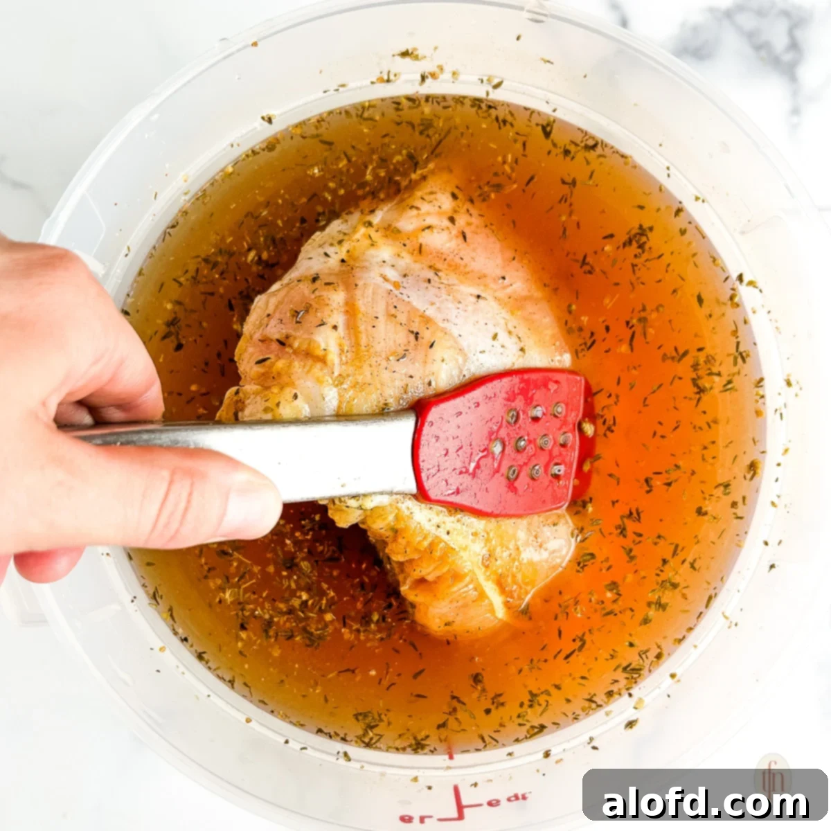 Bold Cajun Turkey Brine 7 Plastic bag filled with turkey and brine.