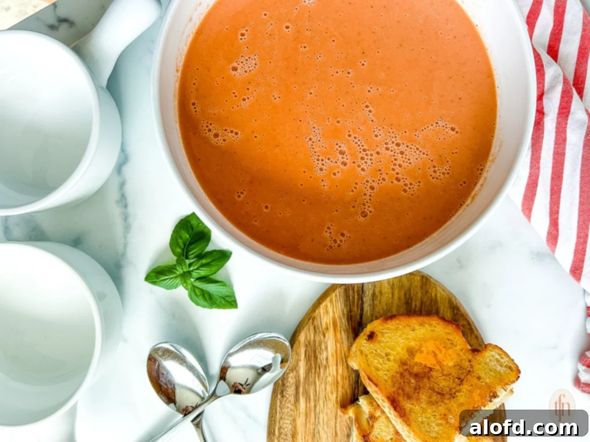 The Ultimate 3-Ingredient Tomato Soup 9 A white bowl filled with creamy 3-ingredient tomato soup, garnished with a fresh basil sprig on the side, presented horizontally.