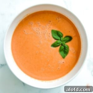 The Ultimate 3-Ingredient Tomato Soup 10 A white bowl filled with creamy 3-ingredient tomato soup and a sprig of basil on top.