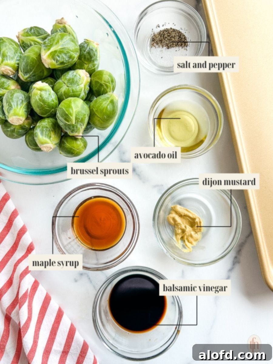 Labeled ingredients for candied brussel sprout recipe, including fresh sprouts, maple syrup, and balsamic vinegar.