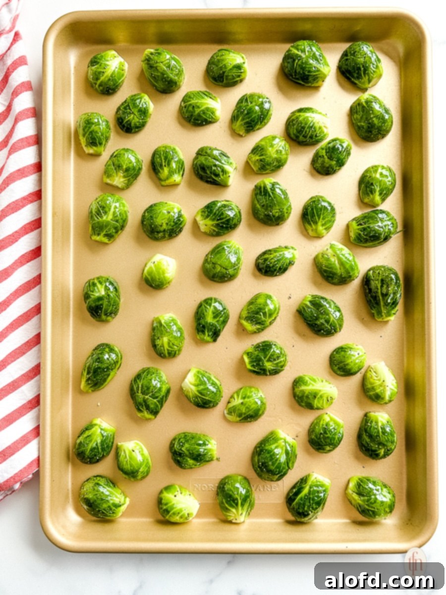 Sprouts arranged cut side down on a baking sheet, with proper spacing.