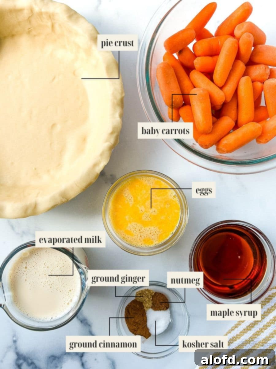 Labeled ingredient image for carrot pie recipe.