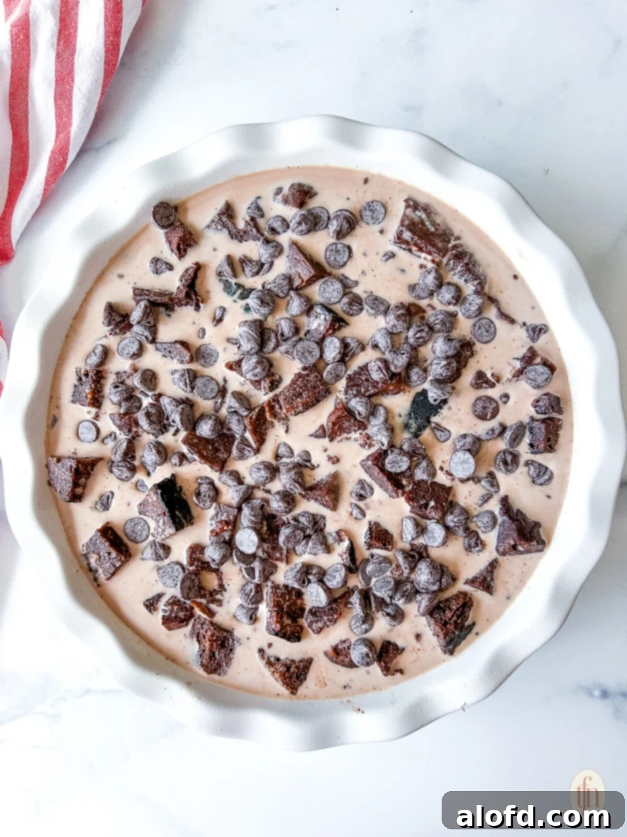 Bread cubes soaking in milk and chocolate custard with chocolate chips sprinkled on top in a casserole dish.