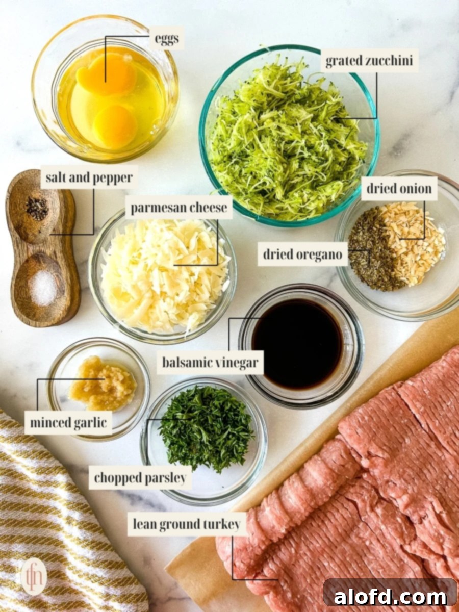 Labeled ingredient image showcasing various components for the turkey zucchini meatballs recipe.