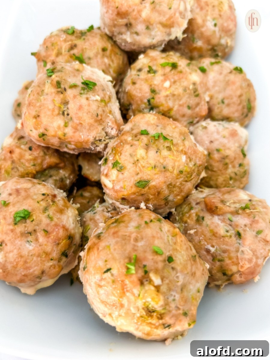 Close-up of a plate of healthy turkey zucchini meatballs, beautifully garnished and ready to eat.
