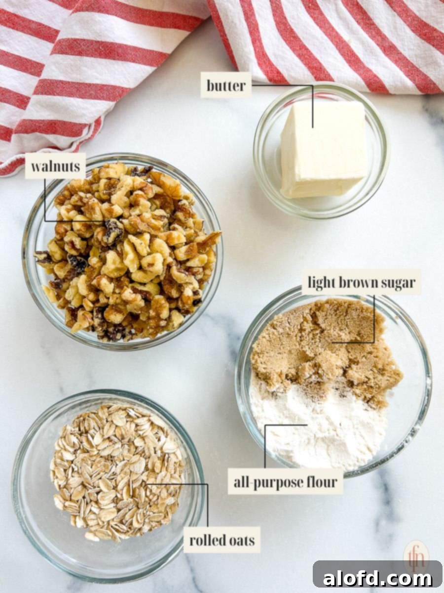 Golden Carrot Bake 4 Labeled image showing all the ingredients for the sweet carrot casserole, including carrots, butter, syrup, eggs, and spices, along with the topping ingredients like walnuts, oats, flour, and brown sugar.