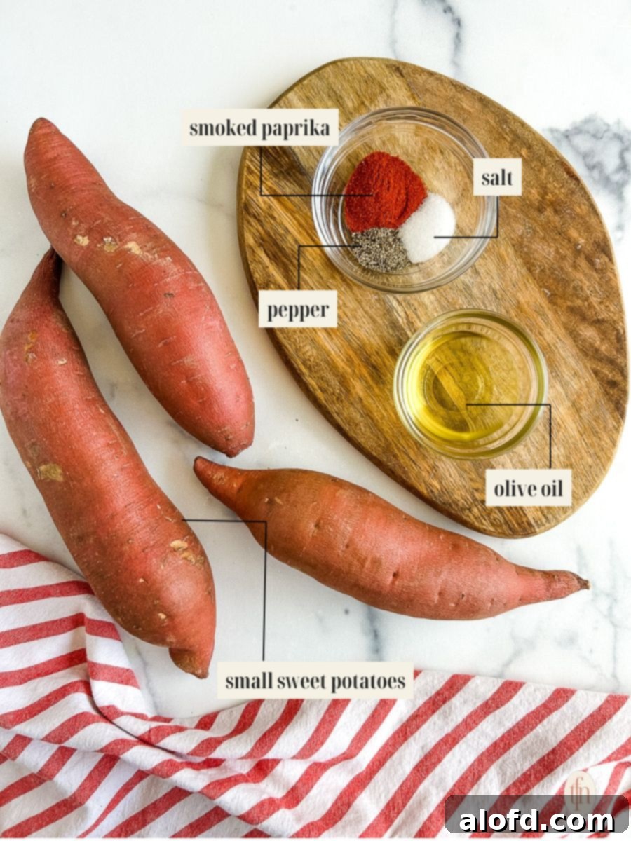Labeled ingredients for baking sweet potato slices: sweet potatoes, olive oil, and spices in small bowls.