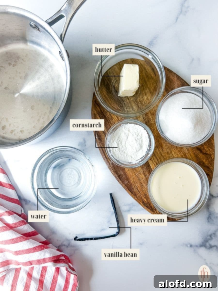 Velvety Vanilla Sauce for Bread Pudding 4 Labeled ingredients for Vanilla Sauce recipe.