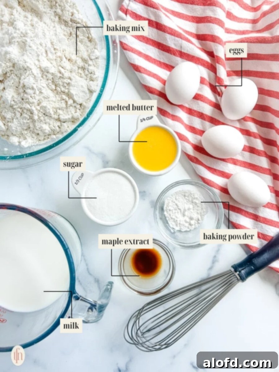 Effortless Sheet Pan Pancakes from Mix 4 A collage of ingredients for sheet pan pancakes: pancake mix, sugar, baking powder, milk, melted butter, eggs, and maple extract.