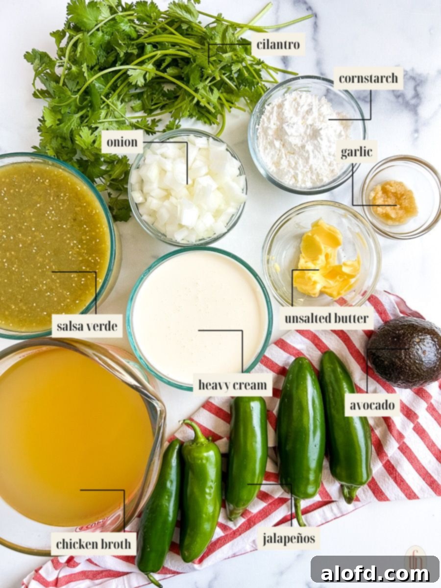 Labeled ingredient image for cream of jalapeno soup recipe.