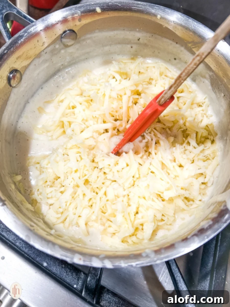 Voodoo Kitchen Fries 6 Stirring freshly shredded white cheddar cheese into the thickened roux with a red silicone spatula, ensuring a smooth, creamy melt.