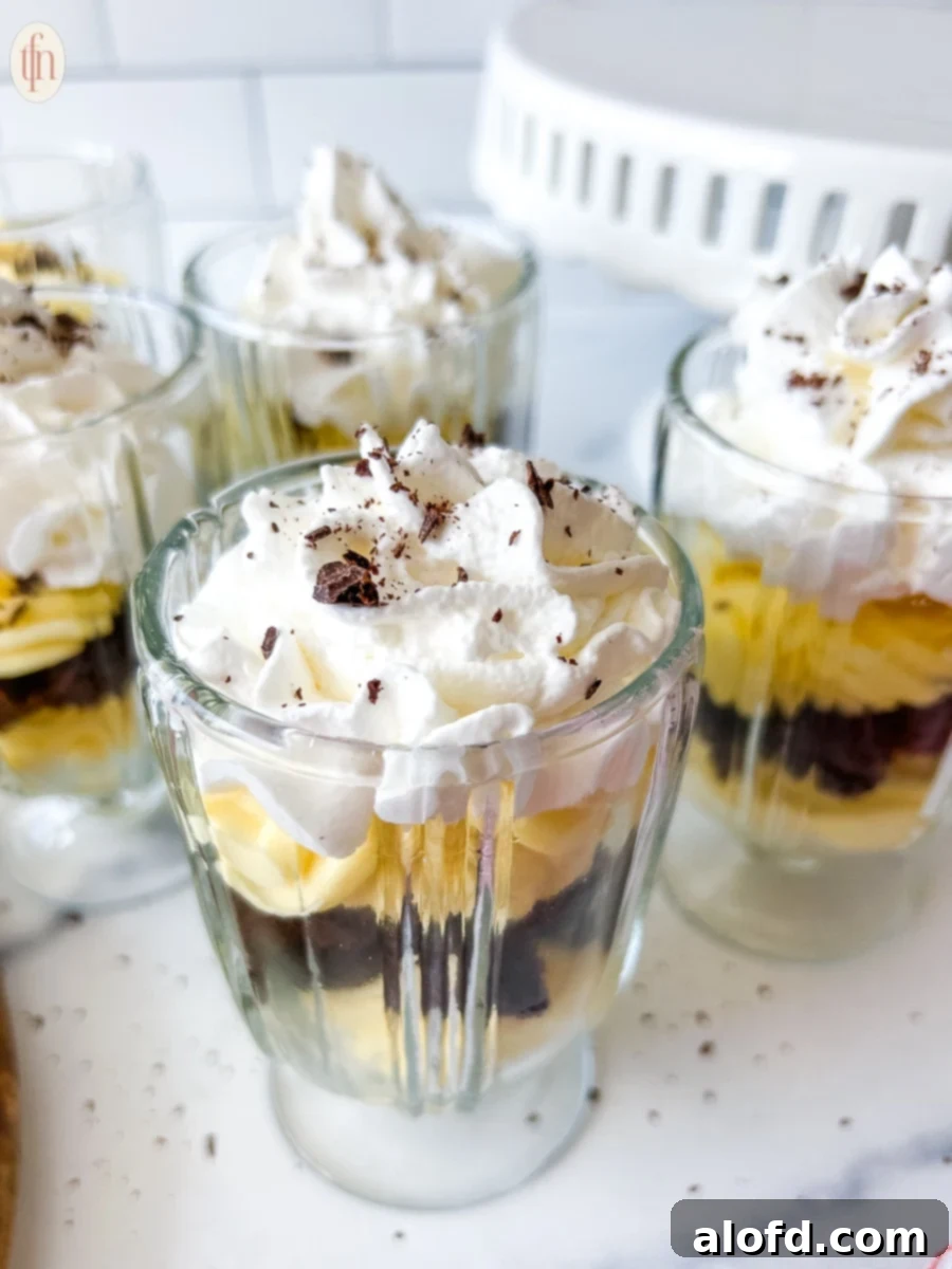 Velvety Vanilla Cloud 2 Four glass cups filled with chocolate bread, pudding, and topped with whipped cream.