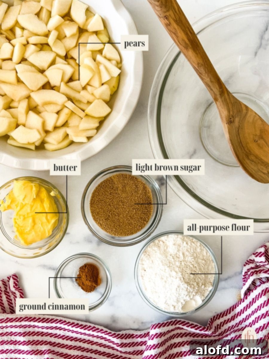 Labeled ingredient image for pear crumble recipe.