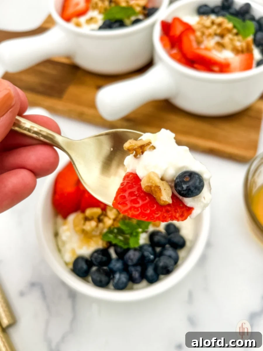 Nourishing Cottage Cheese Creation 4 A scoop of cottage cheese and fruits.