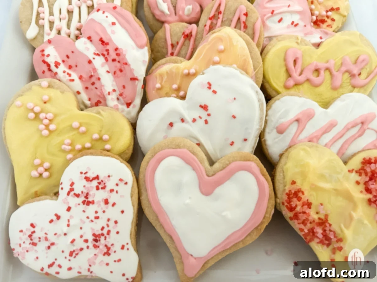 Sweetheart Delights 11 A vibrant display of heart sugar cookies on a white plate, perfect for festive occasions.