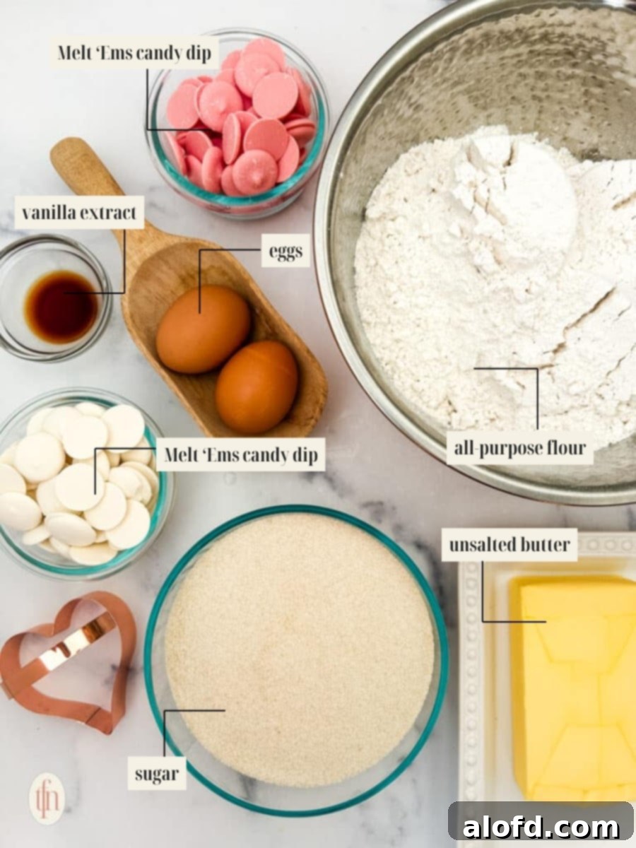 Sweetheart Delights 4 A well-organized photo showing all the labeled ingredients for the heart sugar cookie recipe.