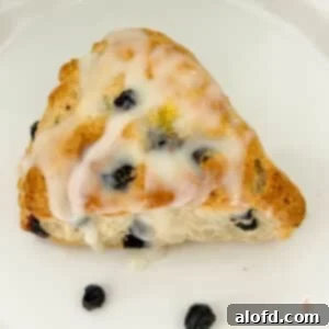 Artisan Sourdough Blueberry Scones 11 A white plate adorned with freshly baked Blueberry Sourdough Scones, some drizzled with lemon glaze.