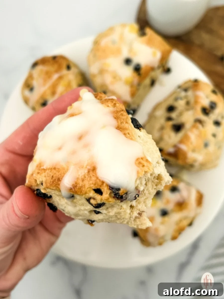Artisan Sourdough Blueberry Scones 3 A single blueberry sourdough scone cut in half, showcasing its tender interior and bursting blueberries.