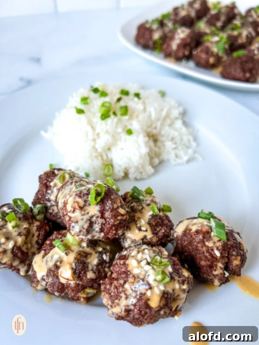 Dynamite Meatballs 2 A plate of firecracker meatballs and rice.