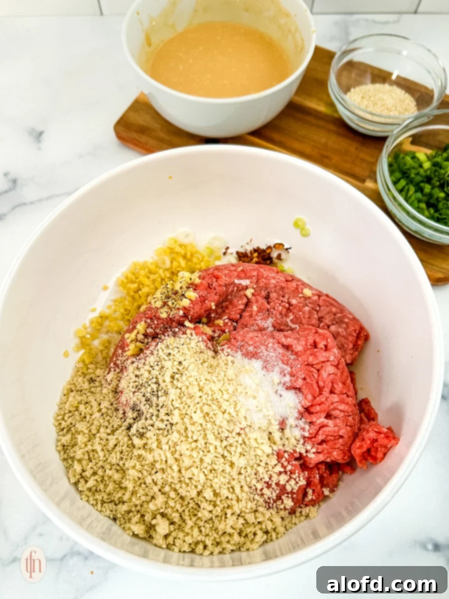 Dynamite Meatballs 6 Firecracker meatball ingredients in a mixing bowl.