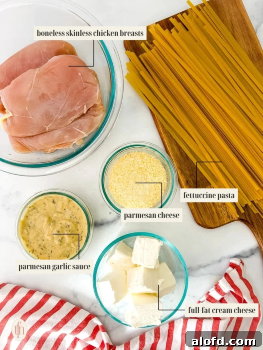 Creamy Garlic Parmesan Chicken Pasta 4 A collage of essential ingredients for crockpot garlic parmesan chicken pasta, including chicken breasts, parmesan garlic sauce, cream cheese, and grated parmesan.