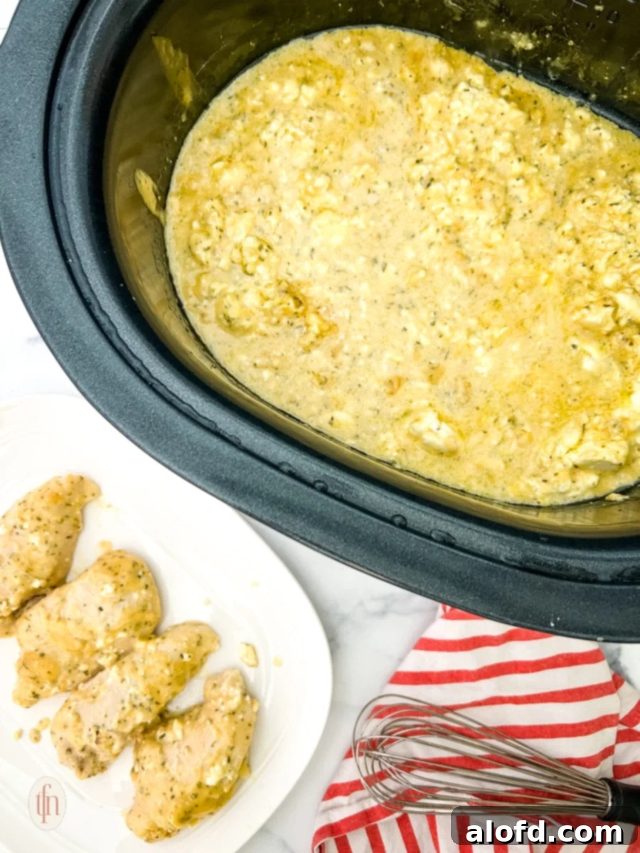 Creamy Garlic Parmesan Chicken Pasta 6 Cooked chicken and creamy garlic parmesan sauce in a slow cooker, with a separate plate of sliced chicken drizzled with sauce.