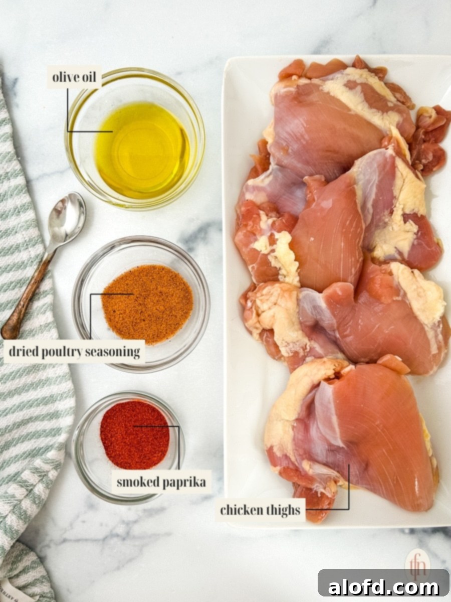 Prepared ingredients for smoked chicken thighs.