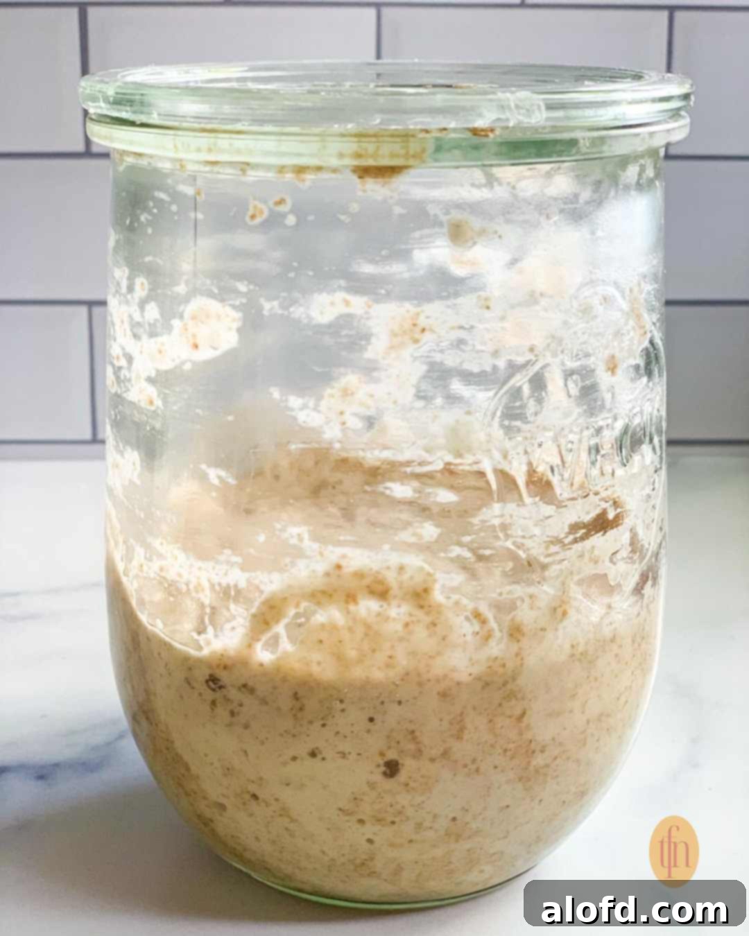 Banish Sourdough Starter Blues 10 A jar of sourdough starter.