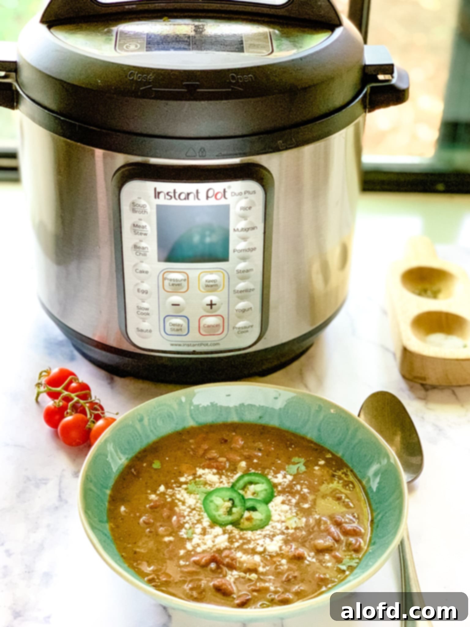 Speedy Instant Pot Pinto Beans 7 A green bowl of pinto beans made from this instant pot pinto beans recipe, garnished.