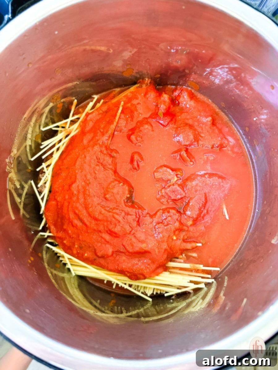 Ground beef, spaghetti noodles, and sauce layered in the Instant Pot, ready for pressure cooking.