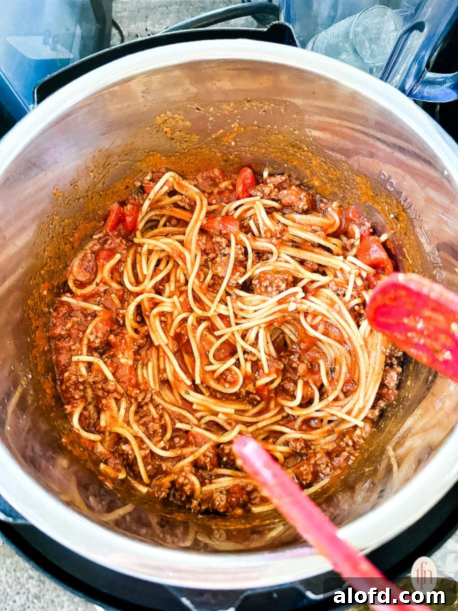 Prepared spaghetti ready to be served directly from the Instant Pot.