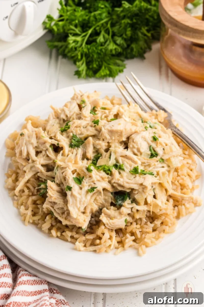 Sweet and Tangy Slow Cooker Honey Mustard Chicken 2 a bowl of honey mustard chicken over rice ready to serve.