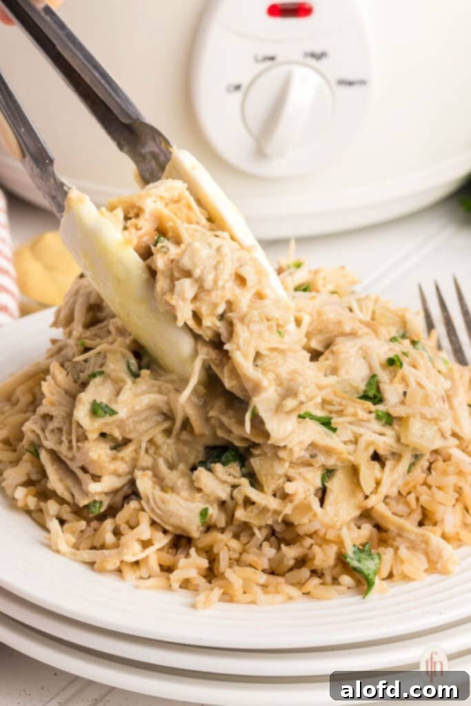 Sweet and Tangy Slow Cooker Honey Mustard Chicken 11 Serving crockpot honey garlic chicken with tongs.