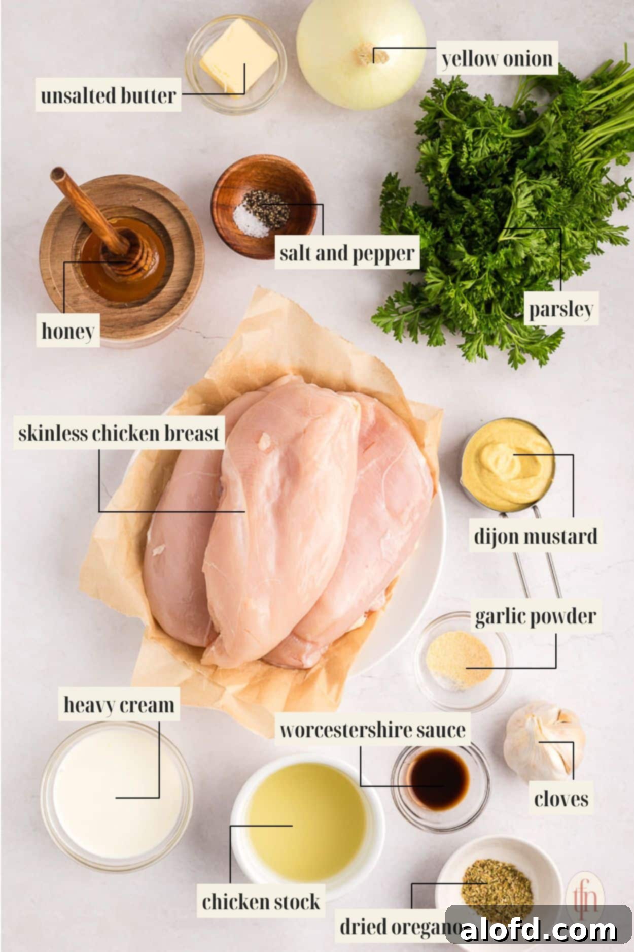 Sweet and Tangy Slow Cooker Honey Mustard Chicken 4 Labeled ingredient image for honey mustard chicken recipe.