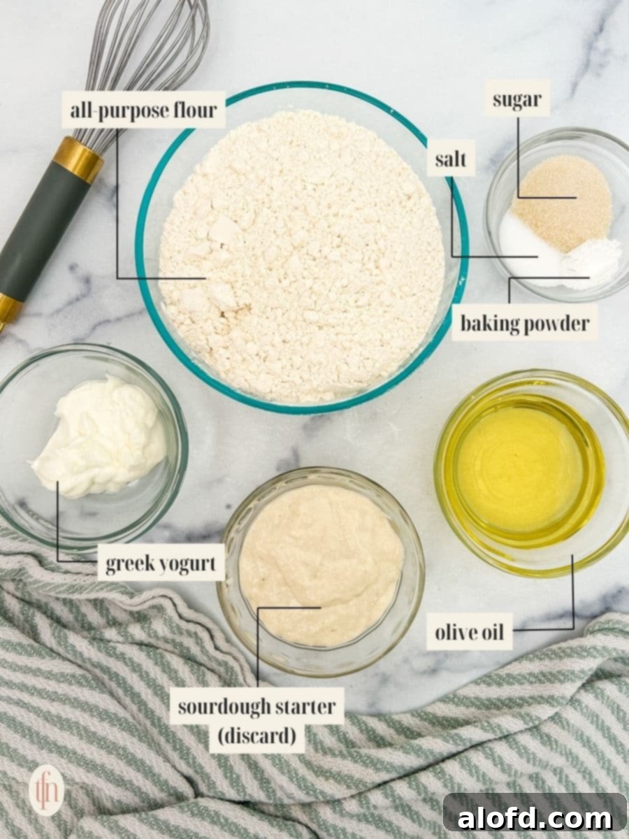 Artisan Sourdough Flatbread 3 Labeled ingredient image for sourdough flatbread recipe, showing flour, sugar, baking powder, sourdough discard, Greek yogurt, olive oil, and warm water.