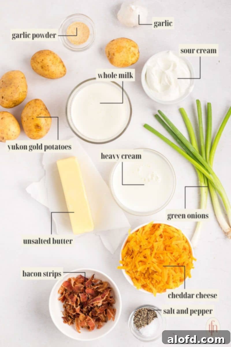 A collage of raw ingredients for Twice Baked Mashed Potatoes, including cubed Yukon gold potatoes, garlic cloves, sour cream, butter, heavy cream, milk, shredded cheddar cheese, raw bacon strips, and fresh green onions.