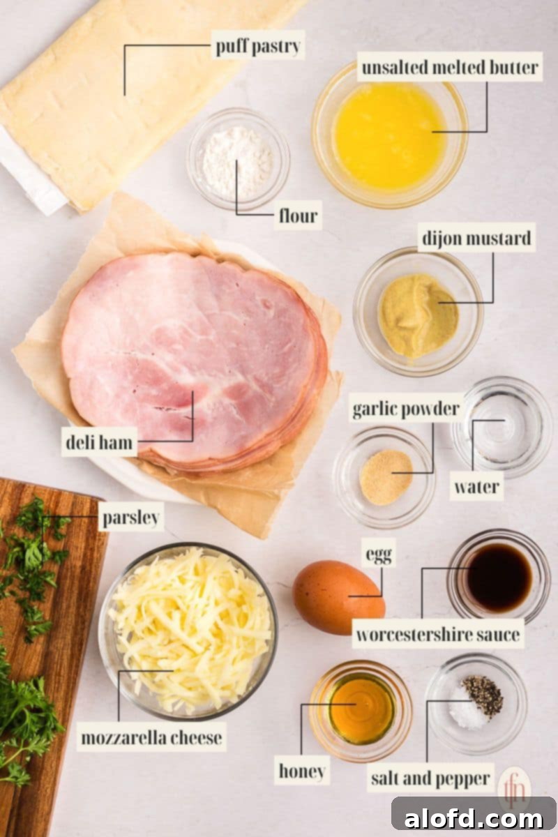 Labeled ingredients for making ham and cheese puff pastry pinwheels, showcasing fresh and high-quality items.