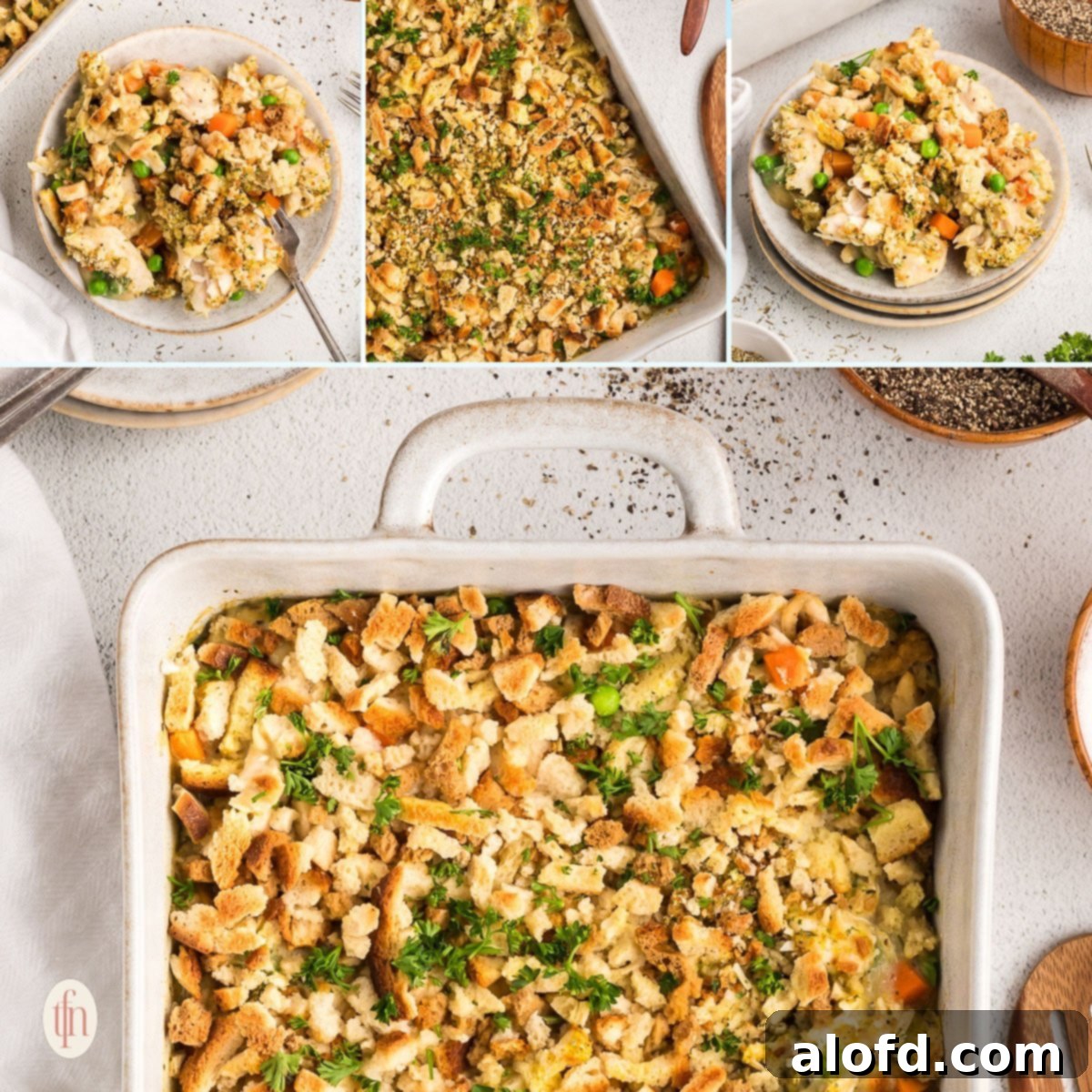 A four-image collage showing the preparation steps and a final serving of the chicken stuffing casserole recipe, highlighting its ease and delicious outcome.