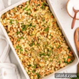 Chicken and stove top stuffing casserole in a white baking dish.