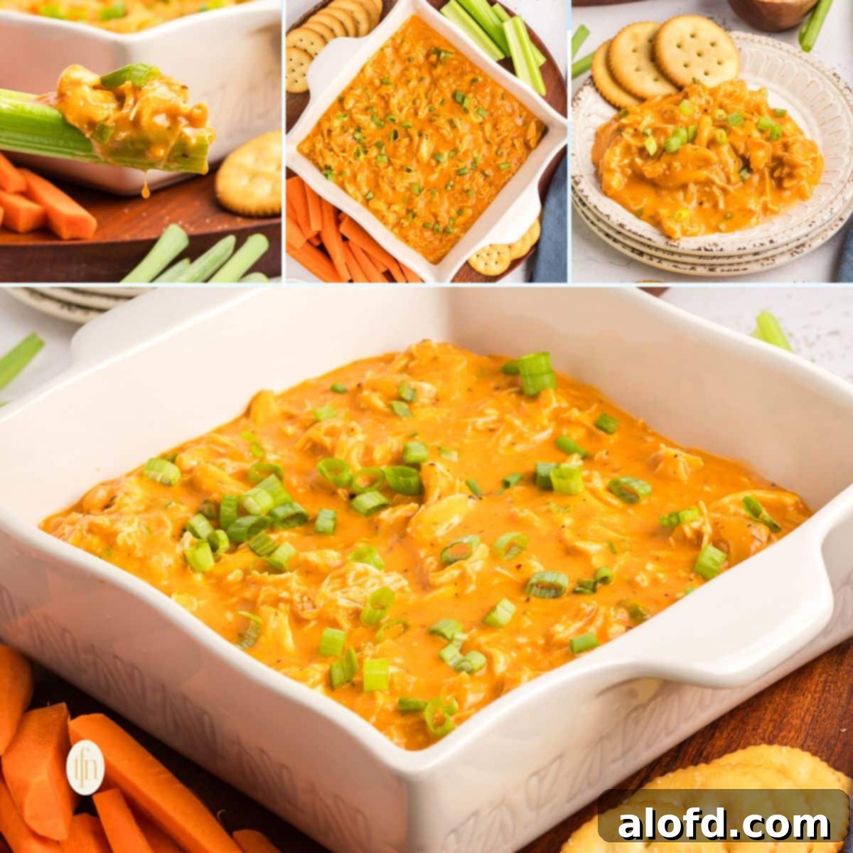 Creamy Dairy-Free Buffalo Chicken Dip 16 A collage of four enticing images of dairy-free buffalo chicken dip, showing it served in various settings with different dippers, highlighting its creamy texture and vibrant presentation.