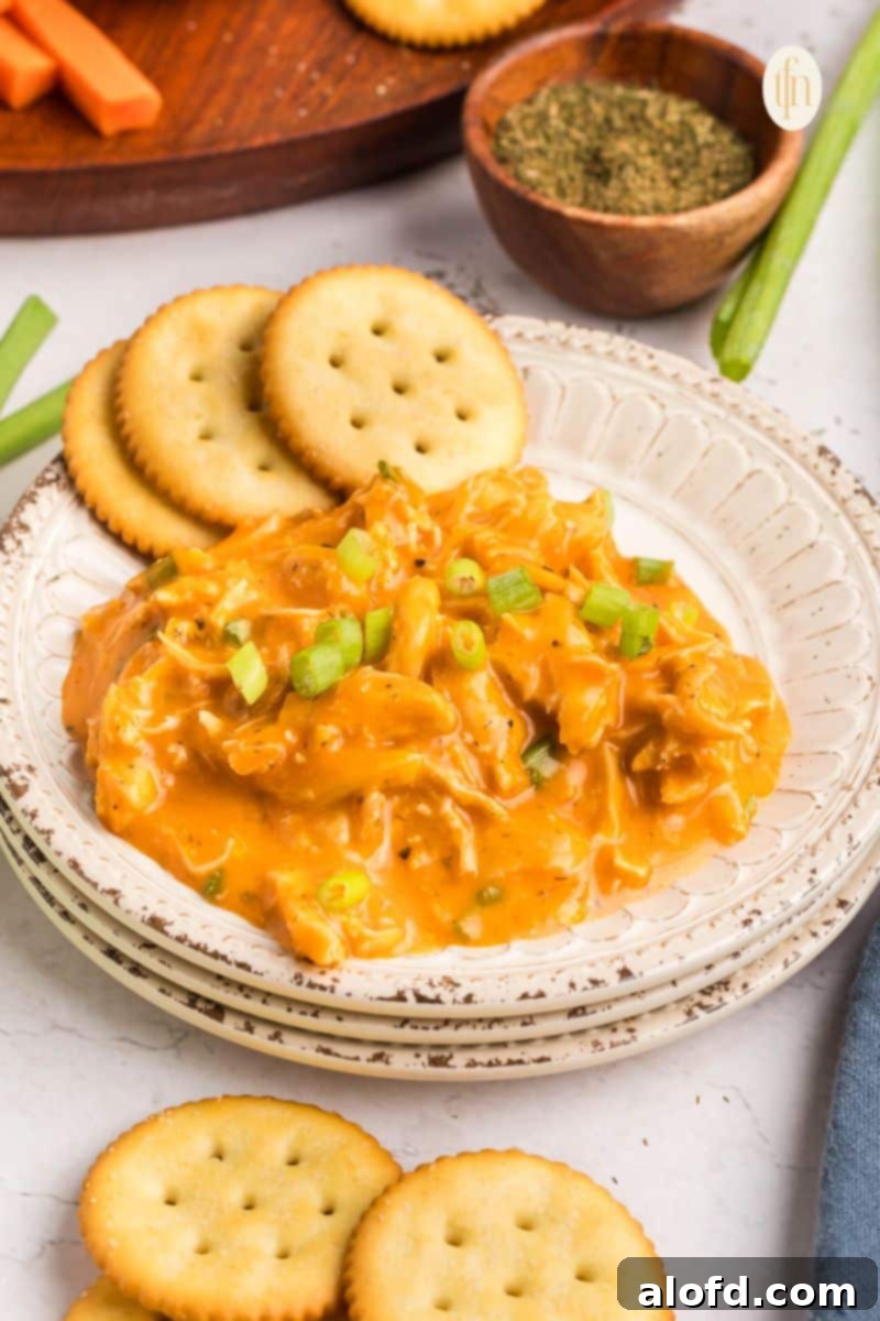 Creamy Dairy-Free Buffalo Chicken Dip 3 A generous serving of creamy buffalo chicken dip in a white bowl, ready to be enjoyed with a side of crispy crackers and fresh vegetable sticks, highlighting its rich texture and vibrant color.
